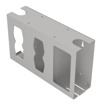 Front view, slightly angled, Beige ABS Dispenser with 3 compartments, empty. mounting holes are in view. 