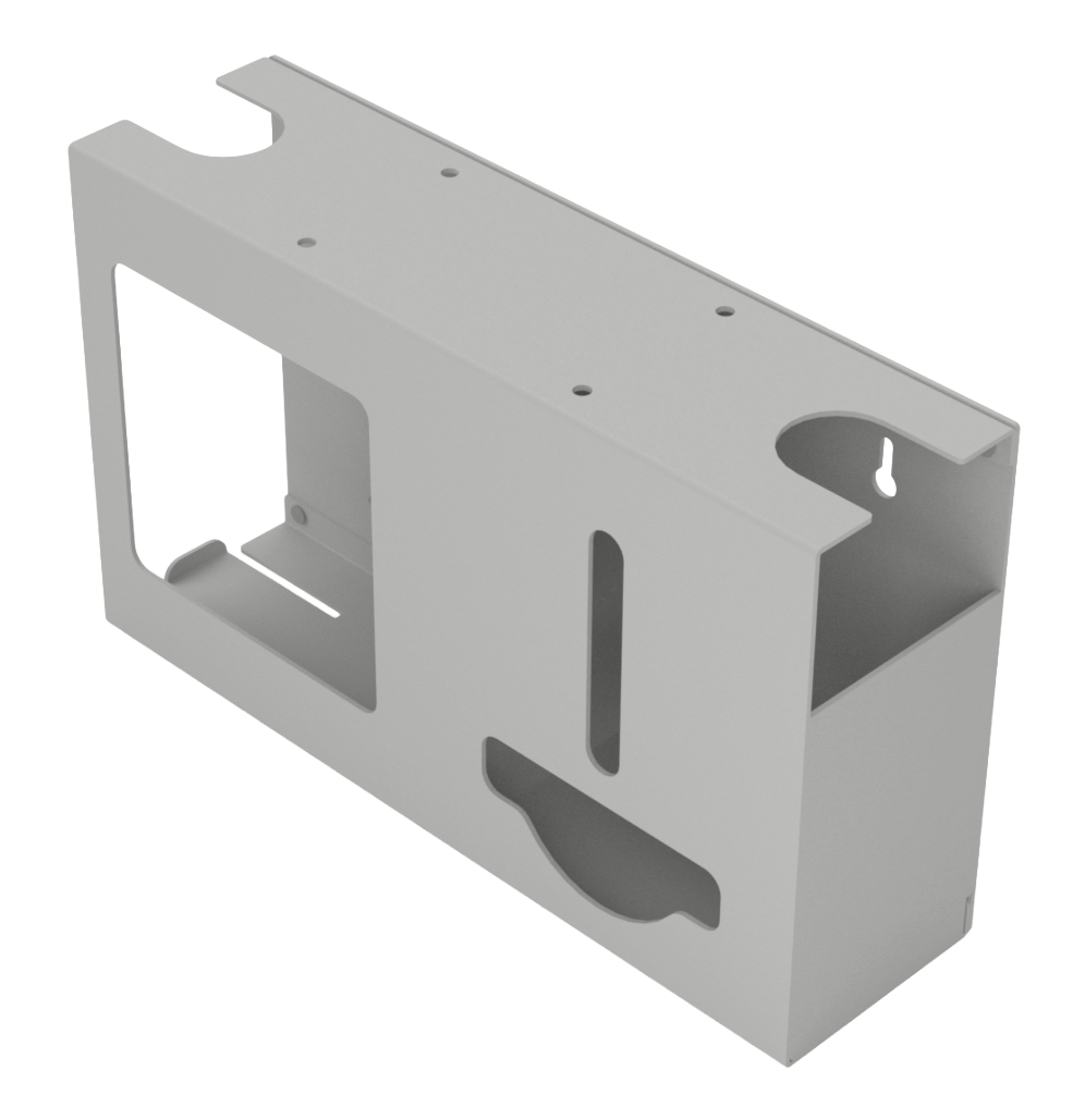 Beige, ABS 2 compartment dispenser front facing and angled slightly left, empty. 