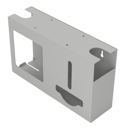 Beige, ABS 2 compartment dispenser front facing and angled slightly left, empty. 