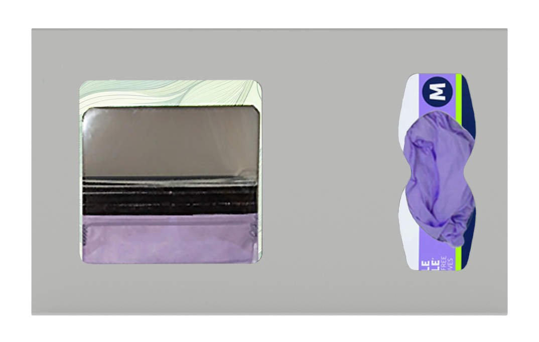 Beige, ABS plastic, 2 compartments front facing, shown with faceshields and gloves.