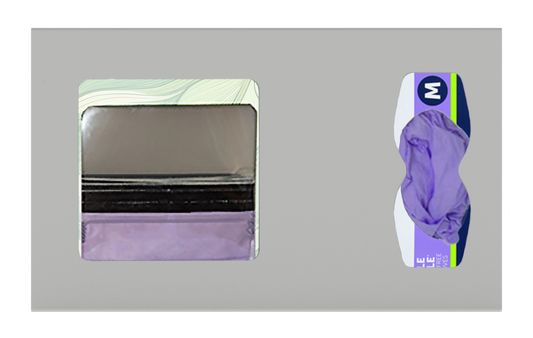 Beige, ABS plastic, 2 compartments front facing, shown with faceshields and gloves.