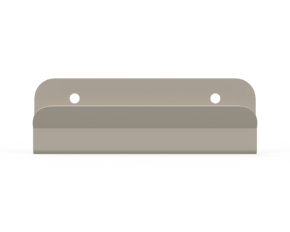 Beige metal wall hanger with 2 keyholes front facing.