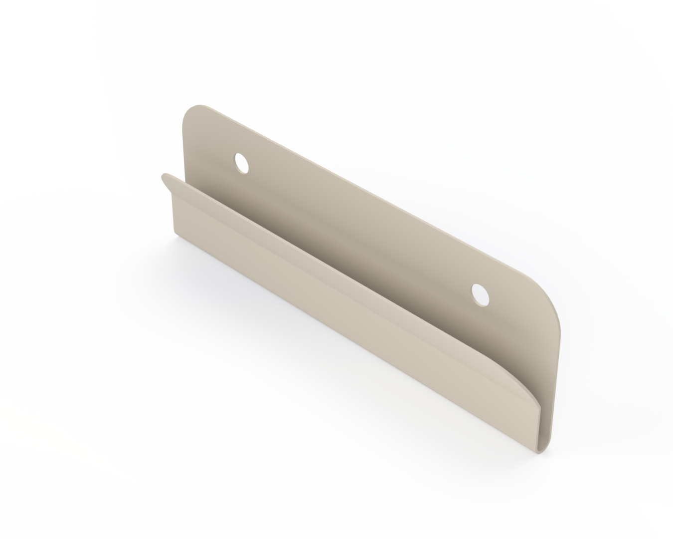 Beige metal wall hanger with 2 keyholes front facing and angled left.