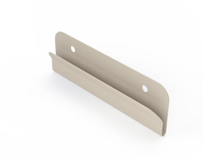 Beige metal wall hanger with 2 keyholes front facing and angled left.