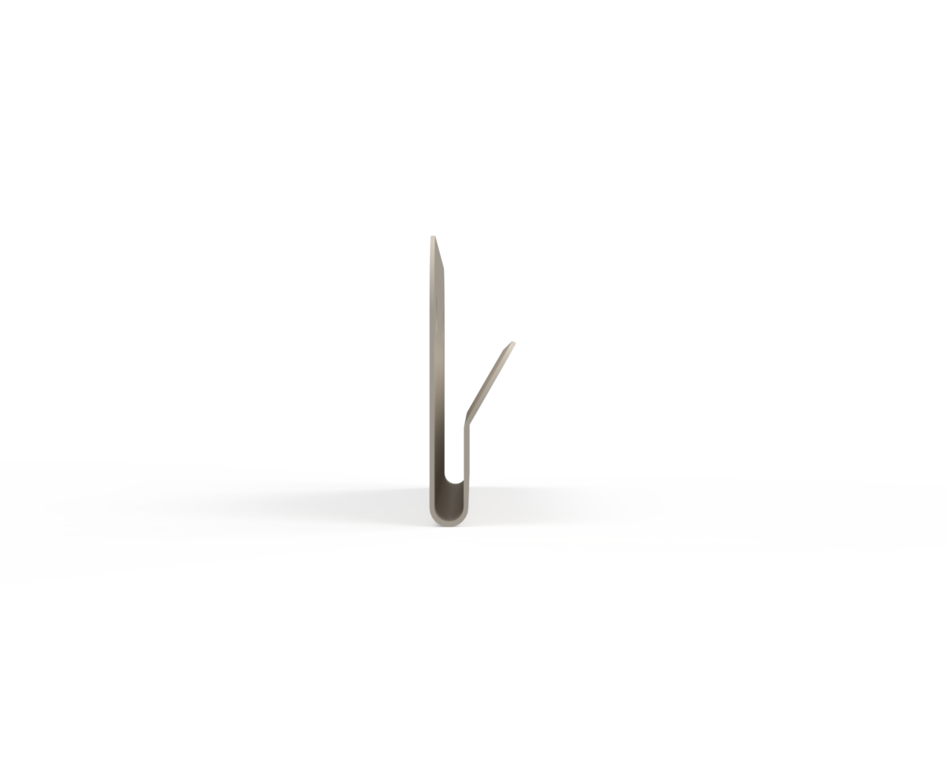 Beige metal wall hanger with 2 keyholes. side view.