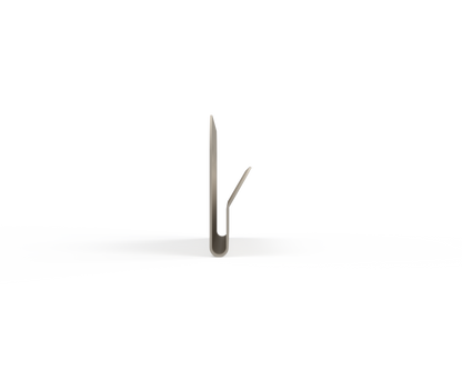 Beige metal wall hanger with 2 keyholes. side view.