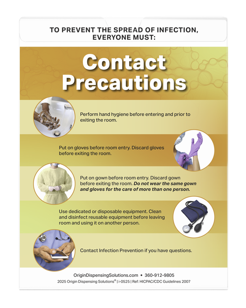 Sign Holder that clips onto ORIGIN protective wear organizers. Clear PETG plastic with thumb cutout to easily change signage. Shown in a front facing view with Contact Precautions sign.
