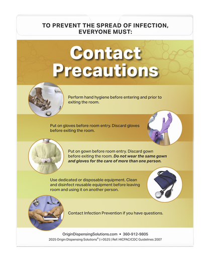 Sign Holder that clips onto ORIGIN protective wear organizers. Clear PETG plastic with thumb cutout to easily change signage. Shown in a front facing view with Contact Precautions sign.