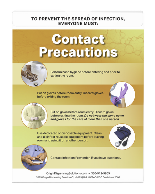 Sign Holder that clips onto ORIGIN protective wear organizers. Clear PETG plastic with thumb cutout to easily change signage. Shown in a front facing view with Contact Precautions sign.