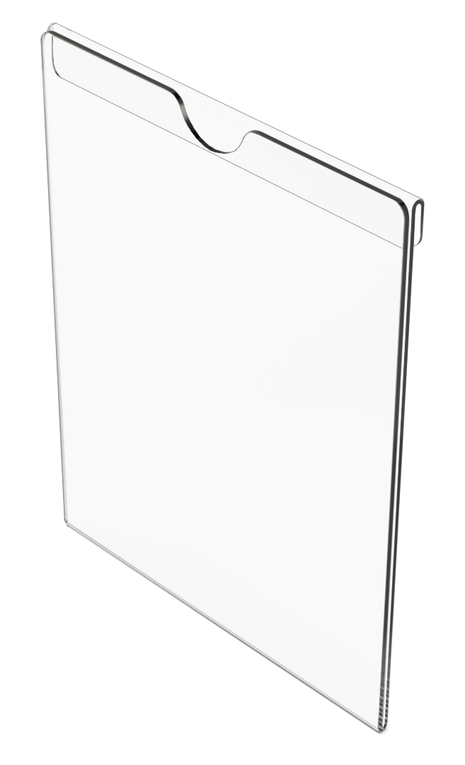 Sign Holder that clips onto ORIGIN protective wear organizers. Clear PETG plastic with thumb cutout to easily change signage. Shown empty in a front angled view.