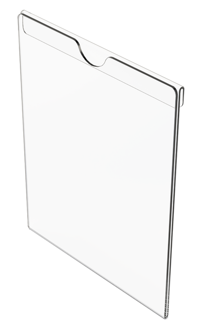 Sign Holder that clips onto ORIGIN protective wear organizers. Clear PETG plastic with thumb cutout to easily change signage. Shown empty in a front angled view.
