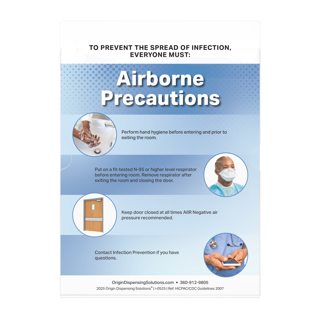 Clear PETG sign holder for using as a clip on for semi-recessed protection organizers. Shown in a front view and holding one of ORIGIN's free, downloadable Airborne Precautions signs.
