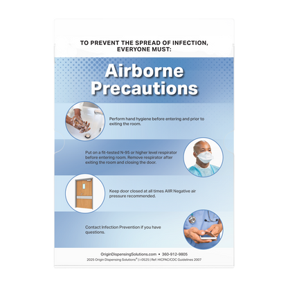 Clear PETG sign holder for using as a clip on for semi-recessed protection organizers. Shown in a front view and holding one of ORIGIN's free, downloadable Airborne Precautions signs.