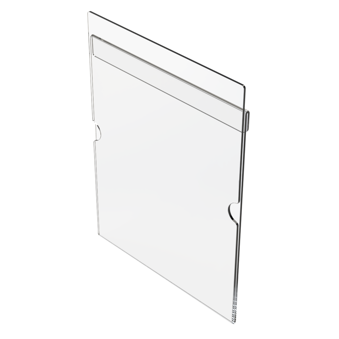 Clear PETG sign holder for using as a clip on for semi-recessed protection organizers. Shown in an empty angled front view.