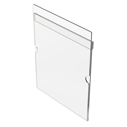 Clear PETG sign holder for using as a clip on for semi-recessed protection organizers. Shown in an empty angled front view.