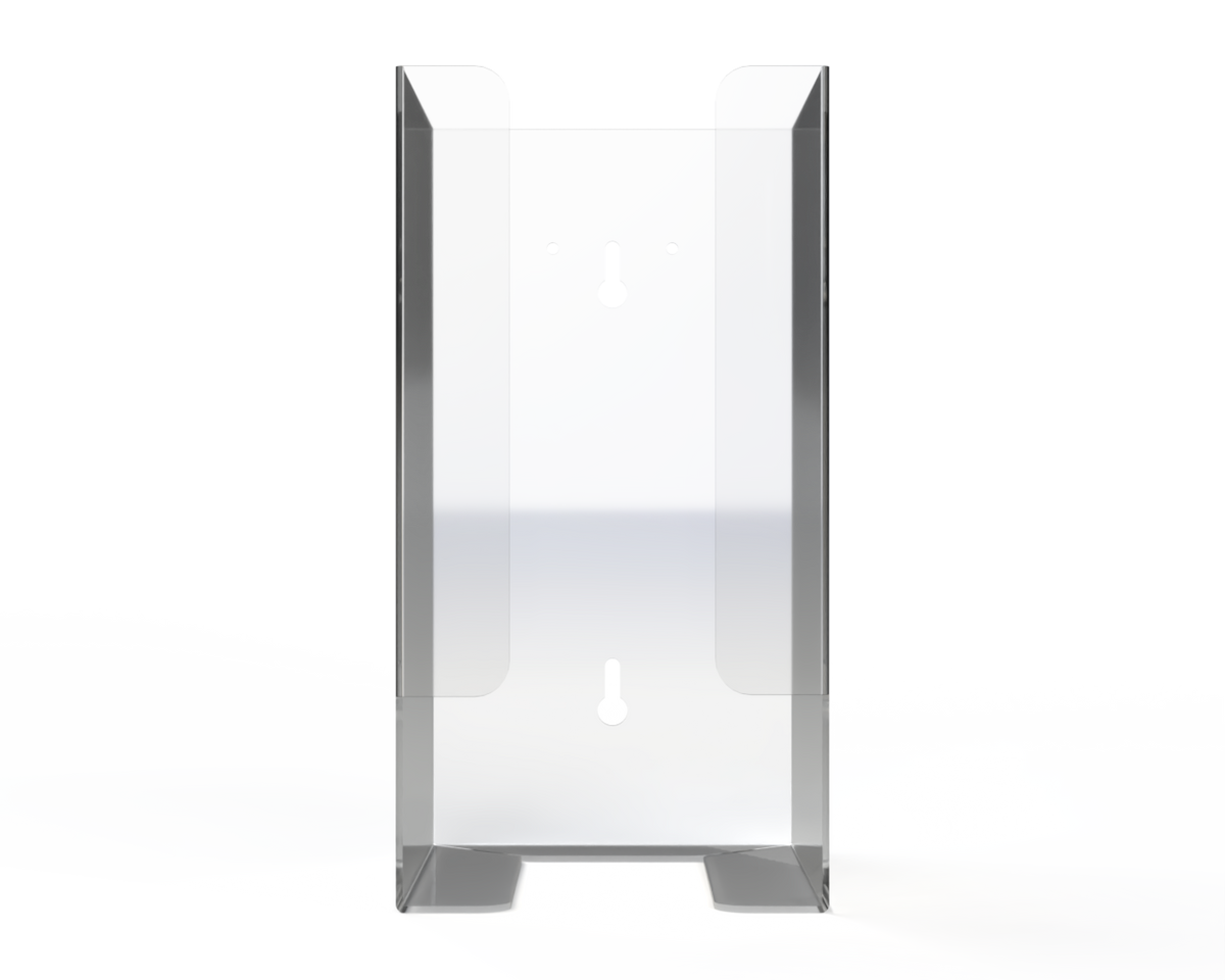 Clear dispenser used for eye protection tower-rectangular, higher rather than wider front facing. Empty.