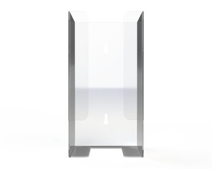 Clear dispenser used for eye protection tower-rectangular, higher rather than wider front facing. Empty.