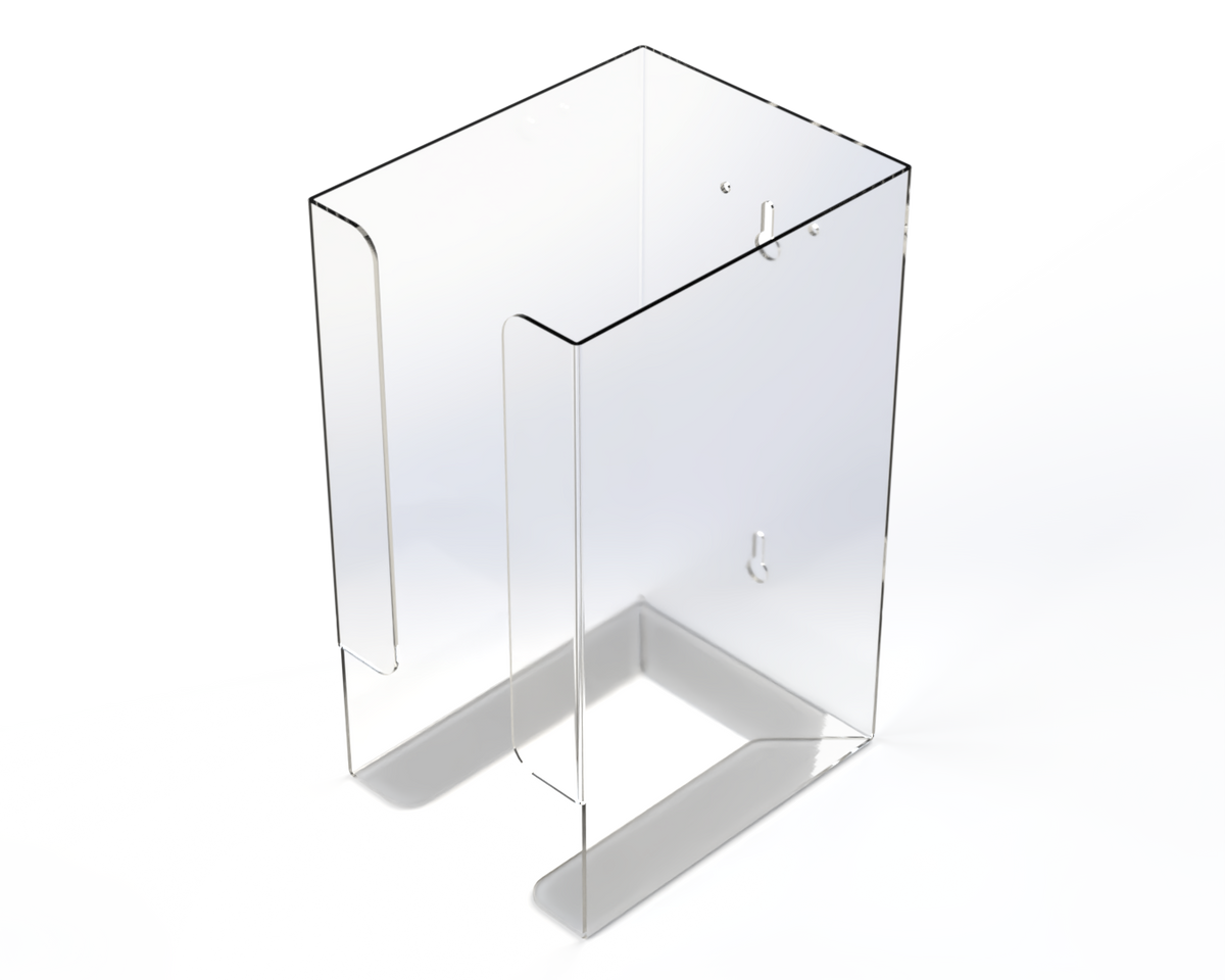 Clear dispenser used for eye protection tower-rectangular, higher rather than wider front facing and angled slightly left. Empty.