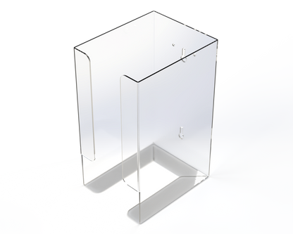 Clear dispenser used for eye protection tower-rectangular, higher rather than wider front facing and angled slightly left. Empty.