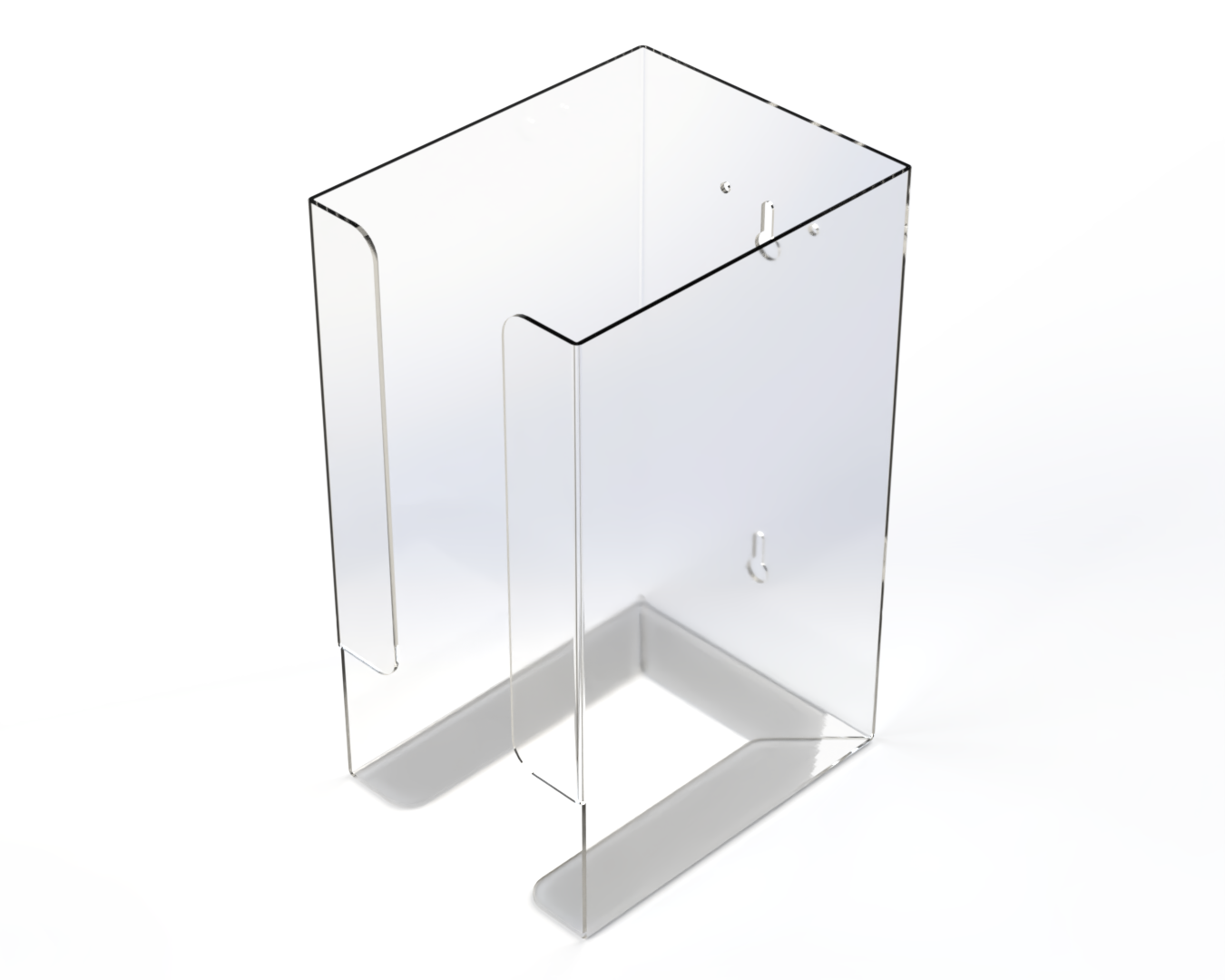 Clear dispenser used for eye protection tower-rectangular, higher rather than wider front facing and angled slightly left. Empty.