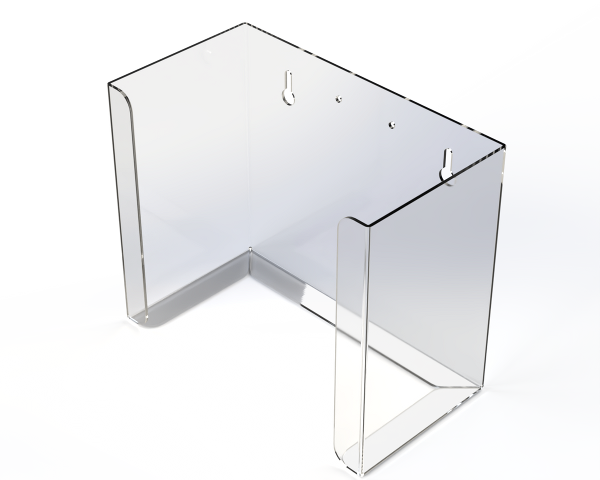 clear, petg plastic dispenser. Empty,front facing and angled slightly left. 