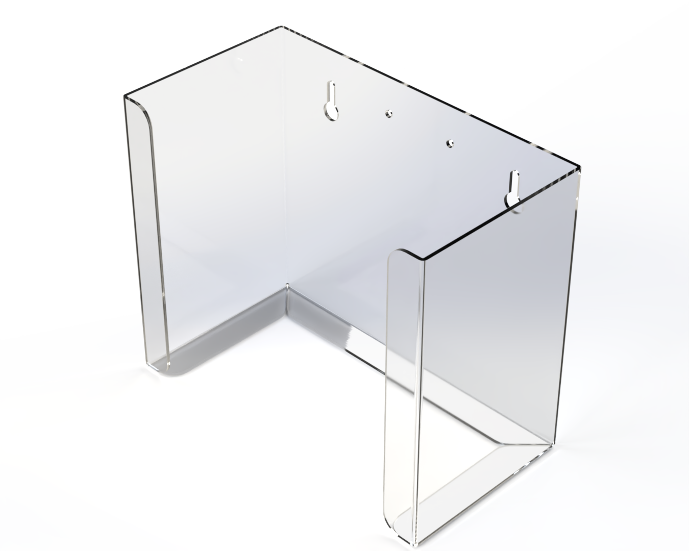 clear, petg plastic dispenser. Empty,front facing and angled slightly left. 