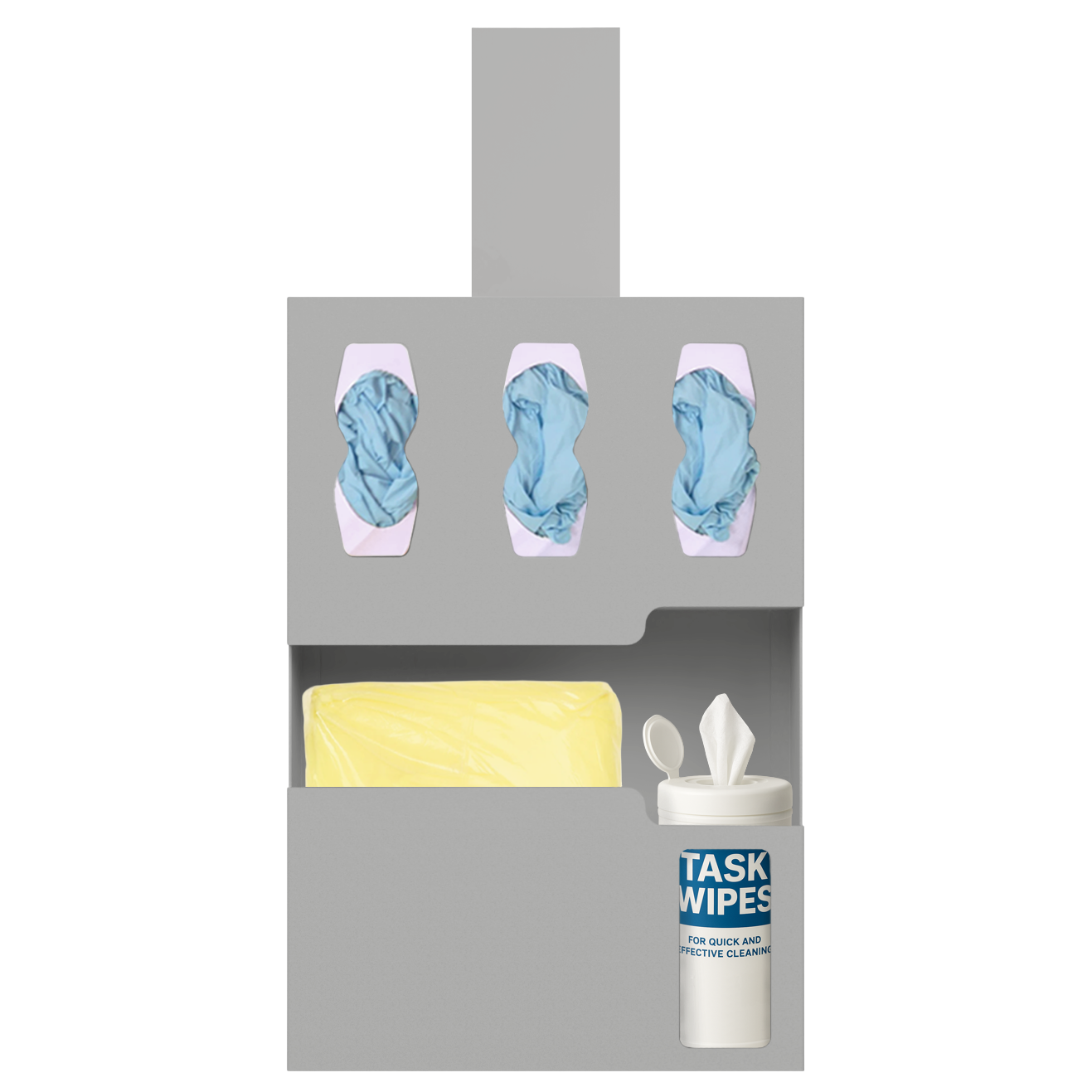 Beige, 5 compartment protection organizer, shown holding PPE , 3 boxes of gloves, 1 gown sectoin and 1 task wipe bottle in the misc section. Kit includes the hanger.