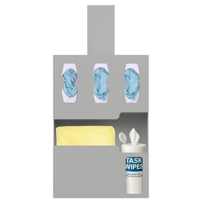 Beige, 5 compartment protection organizer, shown holding PPE , 3 boxes of gloves, 1 gown sectoin and 1 task wipe bottle in the misc section. Kit includes the hanger.