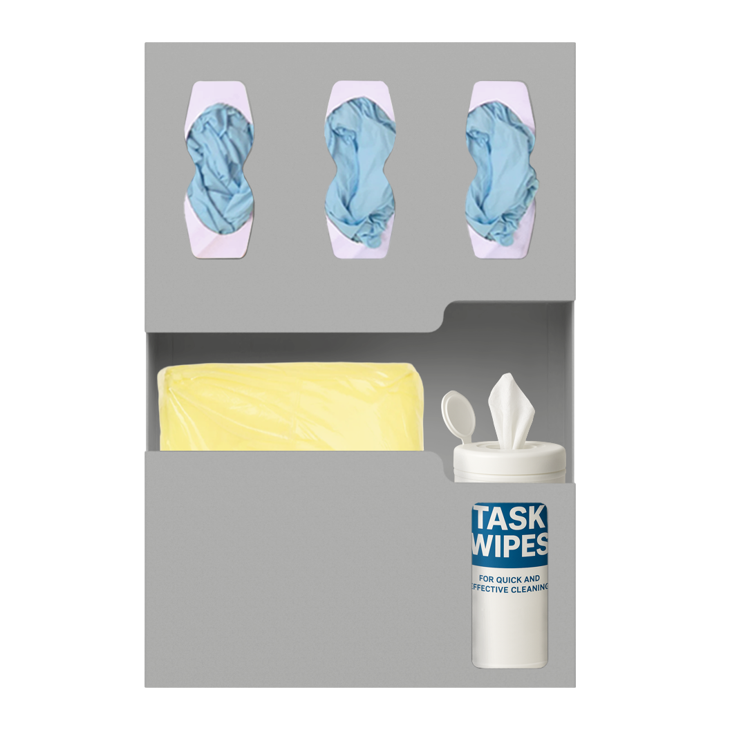 Beige, ABS, 5 compartment, front facing, 3 glove boxes, 1 pkg gowns, 1 bottle of task wipes.