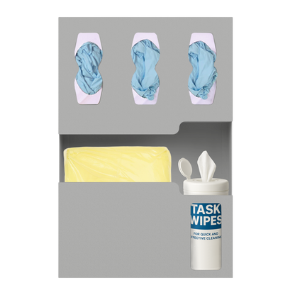 Beige, ABS, 5 compartment, front facing, 3 glove boxes, 1 pkg gowns, 1 bottle of task wipes.