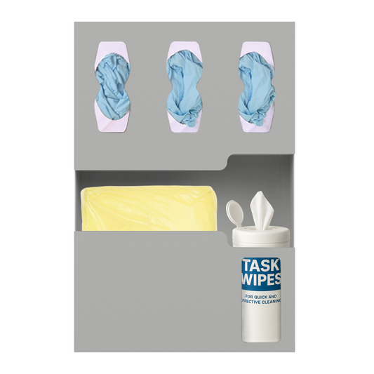 Beige, ABS, 5 compartment, front facing, 3 glove boxes, 1 pkg gowns, 1 bottle of task wipes.