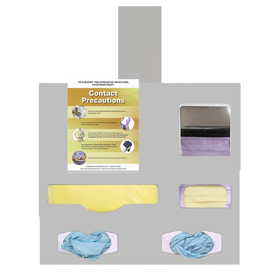 Beige Protection Organizer Kit, with one organizer, one sign holder and one door hanger. 5 compartments, filled with PPE, gowns, gloves, earloop and faceshield masks.
