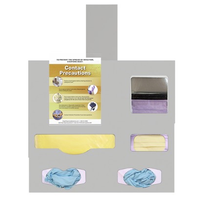 Beige Protection Organizer Kit, with one organizer, one sign holder and one door hanger. 5 compartments, filled with PPE, gowns, gloves, earloop and faceshield masks.