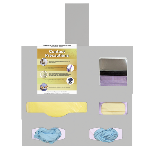 Beige Protection Organizer Kit, with one organizer, one sign holder and one door hanger. 5 compartments, filled with PPE, gowns, gloves, earloop and faceshield masks.