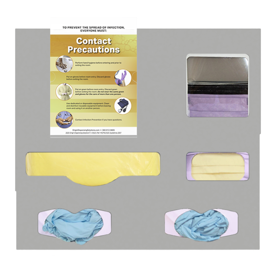 Beige, Protection system, 5 compartments, 1 gown, 2 glove boxes, 1 earloop mask box, 1 faceshield box and one slip on sign holder in the kit. front facing and filled with PPE and a contact isolation sign.