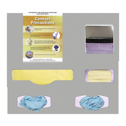 Beige, Protection system, 5 compartments, 1 gown, 2 glove boxes, 1 earloop mask box, 1 faceshield box and one slip on sign holder in the kit. front facing and filled with PPE and a contact isolation sign.