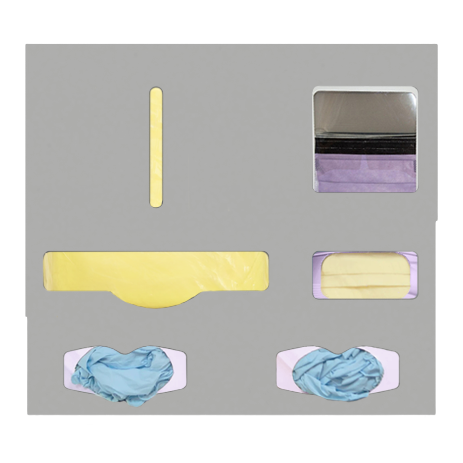 Protective Wear Organizer, Beige, ABS, 5 compartment wall organizer, front facing, shown with gowns, 2 gloves, faceshields and earloop masks.
