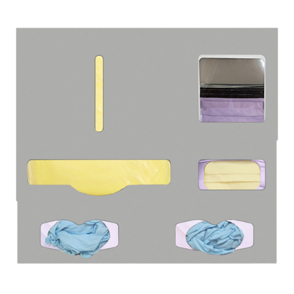 Protective Wear Organizer, Beige, ABS, 5 compartment wall organizer, front facing, shown with gowns, 2 gloves, faceshields and earloop masks.