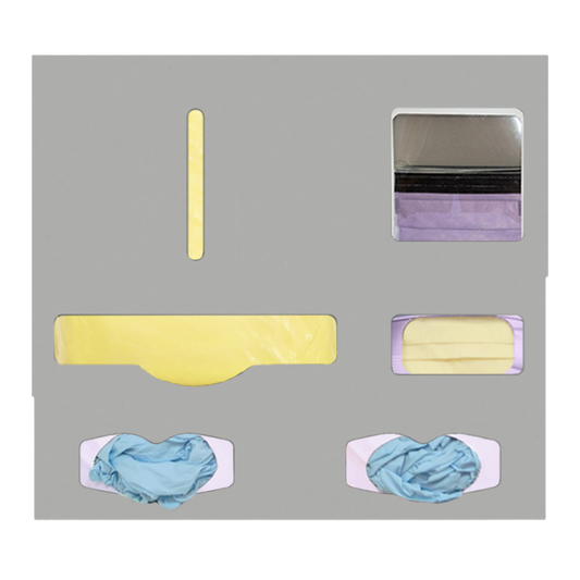 Protective Wear Organizer, Beige, ABS, 5 compartment wall organizer, front facing, shown with gowns, 2 gloves, faceshields and earloop masks.