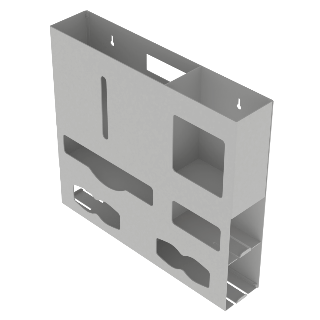 Beige, ABS 5 compartment wall organizer, front facing and angled slightly facing left, empty. 