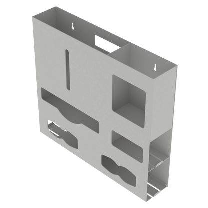 Beige, ABS 5 compartment wall organizer, front facing and angled slightly facing left, empty. 