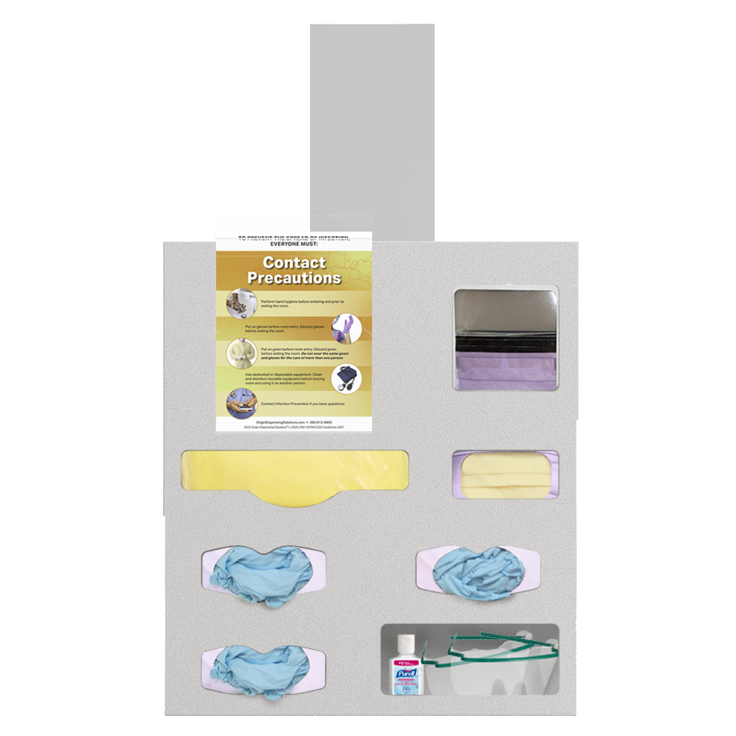Protective Wear Organizer Kit, Beige, ABS, 7 compartment dispenser front facing, showing gowns, gloves, faceshields, earloop mask, misc section-hand gel and eye protection. Door hanger and clip on isolation sign.