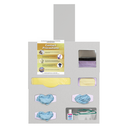 Protective Wear Organizer Kit, Beige, ABS, 7 compartment dispenser front facing, showing gowns, gloves, faceshields, earloop mask, misc section-hand gel and eye protection. Door hanger and clip on isolation sign.
