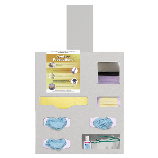 Protective Wear Organizer Kit, Beige, ABS, 7 compartment dispenser front facing, showing gowns, gloves, faceshields, earloop mask, misc section-hand gel and eye protection. Door hanger and clip on isolation sign.