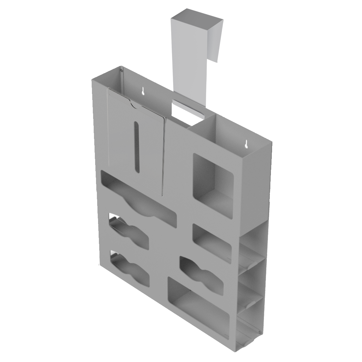 Beige, ABS, 7 compartment dispenser front facing, empty. Door hanger and clip on isolation sign holder.