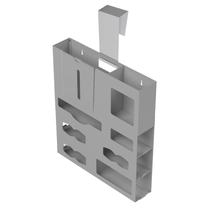 Beige, ABS, 7 compartment dispenser front facing, empty. Door hanger and clip on isolation sign holder.