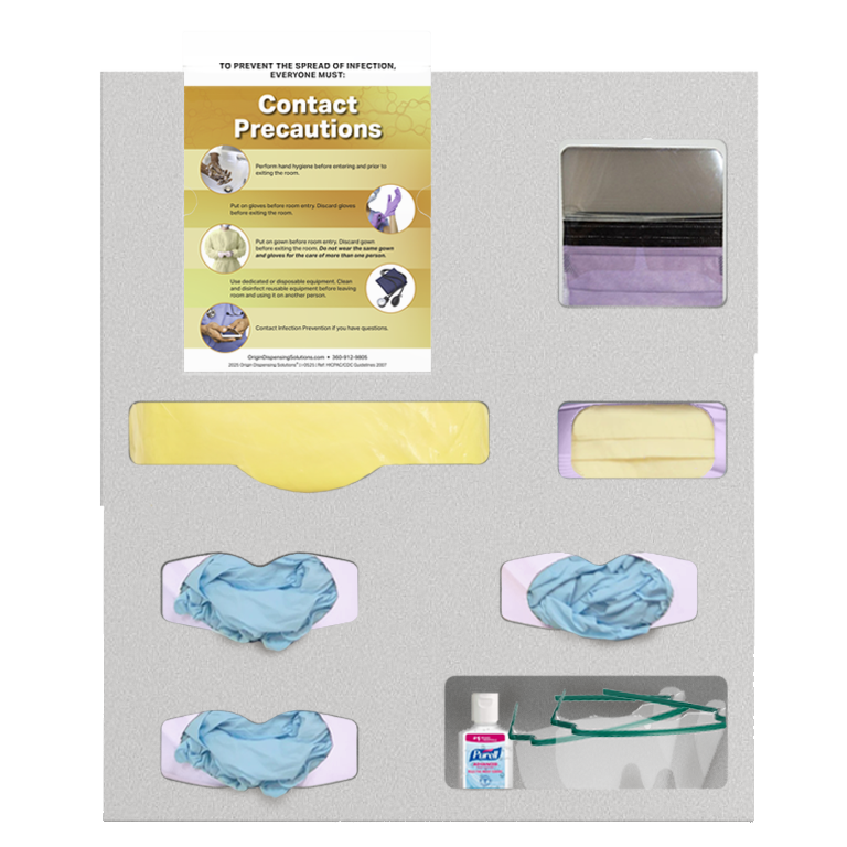 Beige, 7 compartment PPE organizer, 1 gown area, 3 glove boxes, 1 faceshield box, 1 earloop box and 1 misc section. filled with PPE and kit includes 1 clip on sign holder shown with a contact isolation sign.