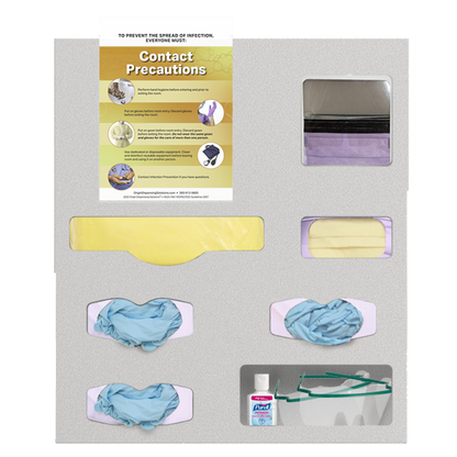 Beige, 7 compartment PPE organizer, 1 gown area, 3 glove boxes, 1 faceshield box, 1 earloop box and 1 misc section. filled with PPE and kit includes 1 clip on sign holder shown with a contact isolation sign.