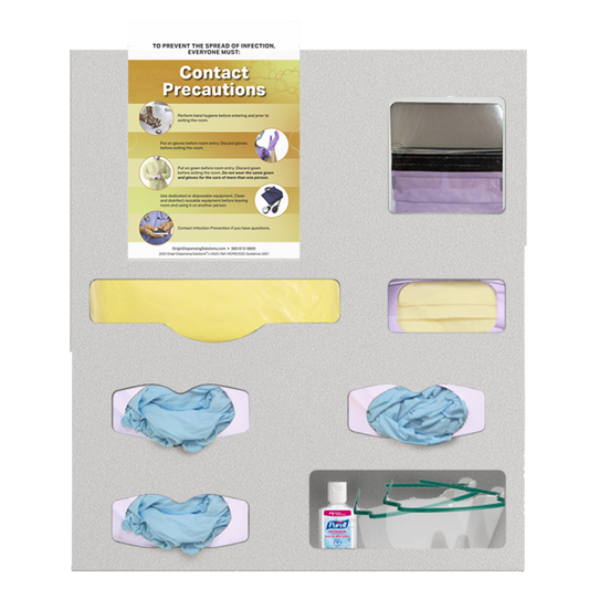 Beige, 7 compartment PPE organizer, 1 gown area, 3 glove boxes, 1 faceshield box, 1 earloop box and 1 misc section. filled with PPE and kit includes 1 clip on sign holder shown with a contact isolation sign.