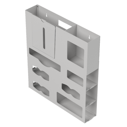 Beige, 7 compartment PPE organizer, 1 gown area, 3 glove boxes, 1 faceshield box, 1 earloop box and 1 misc section. Empty. Kit includes 1 empty clip on sign holder. Image angled slightly left to show side loading.